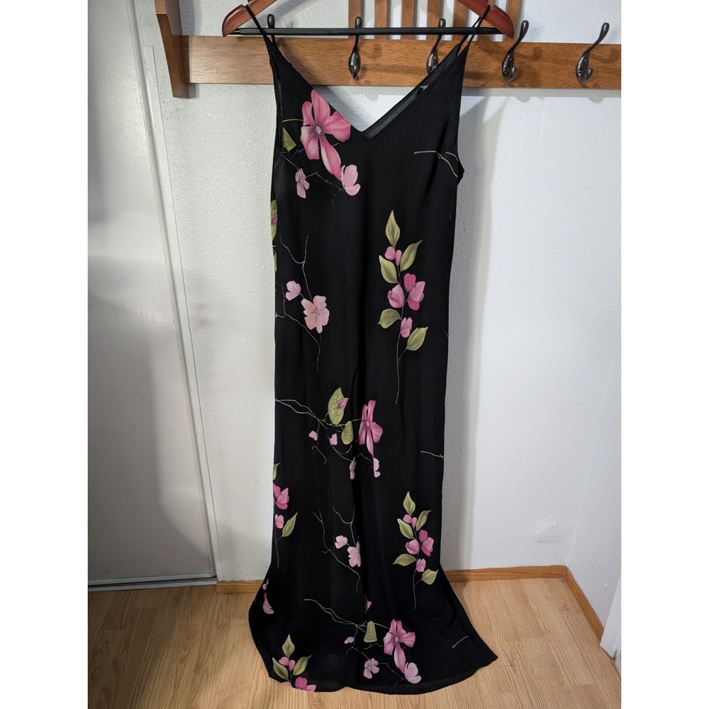 Benjamin A Los Angeles Size 14 Black Floral Maxi Dress Rayon Spaghetti Strap USA